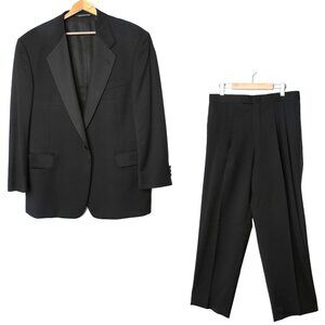 Harry Rosen Mens Wool Bartux Tuxedo Suit Jacket Pants Black Satin Party Formal